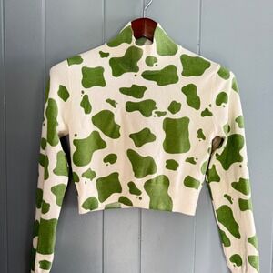Zara Green Cow Print Cropped Mock Neck Sweater M Y2K Dopamine Maximalist Artsy